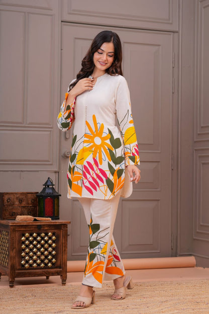 Ivory Cotton Flex Floral Print Co-ord Set