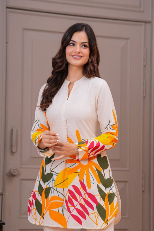Ivory Cotton Flex Floral Print Co-ord Set