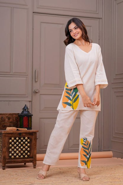 Ivory Cotton Flex Leaf Motif Co-ord Set