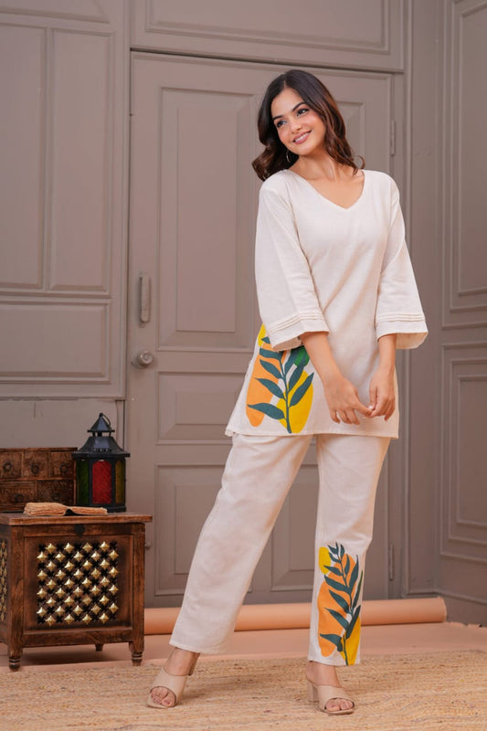 Ivory Cotton Flex Leaf Motif Co-ord Set