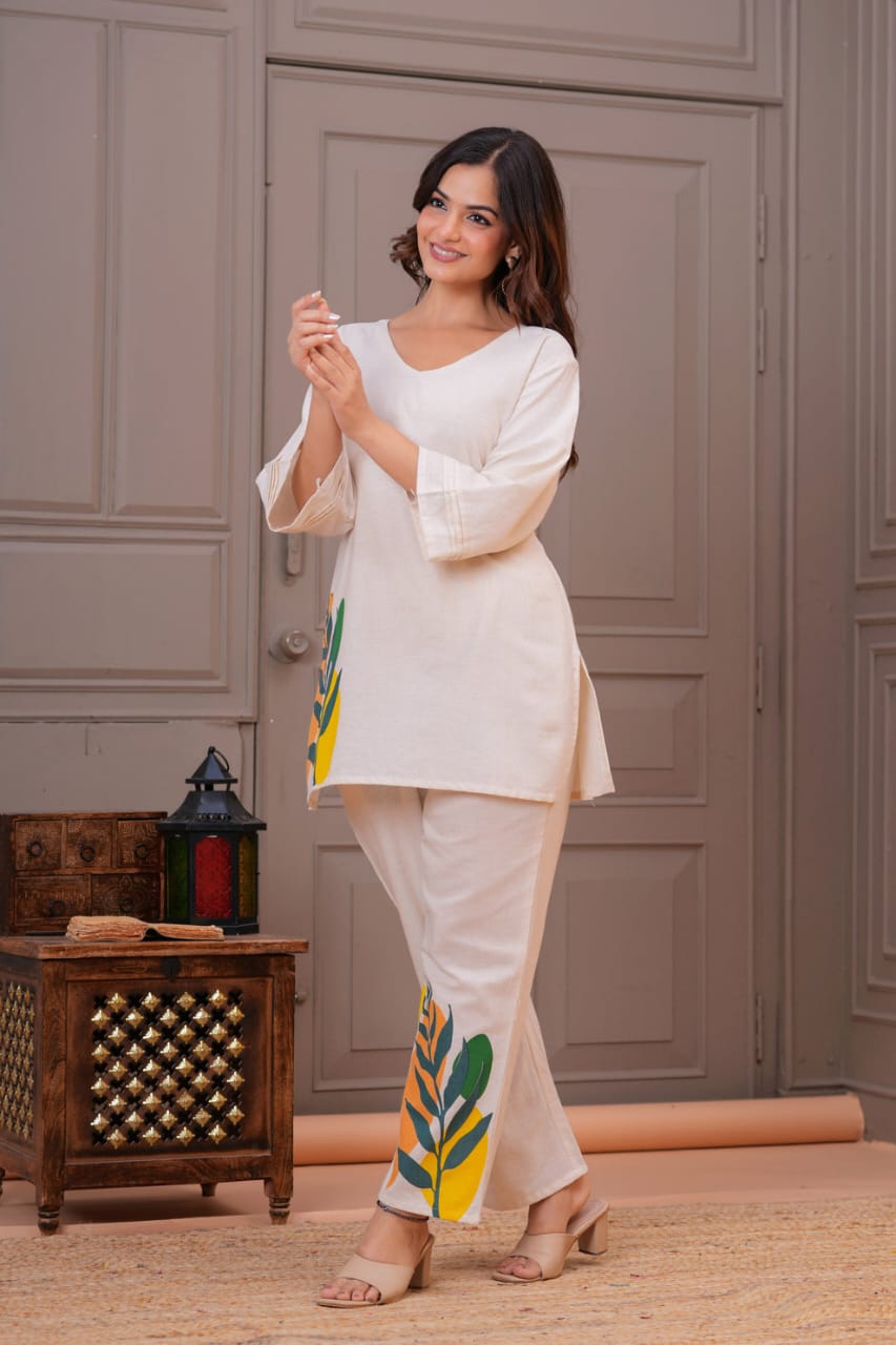 Ivory Cotton Flex Leaf Motif Co-ord Set