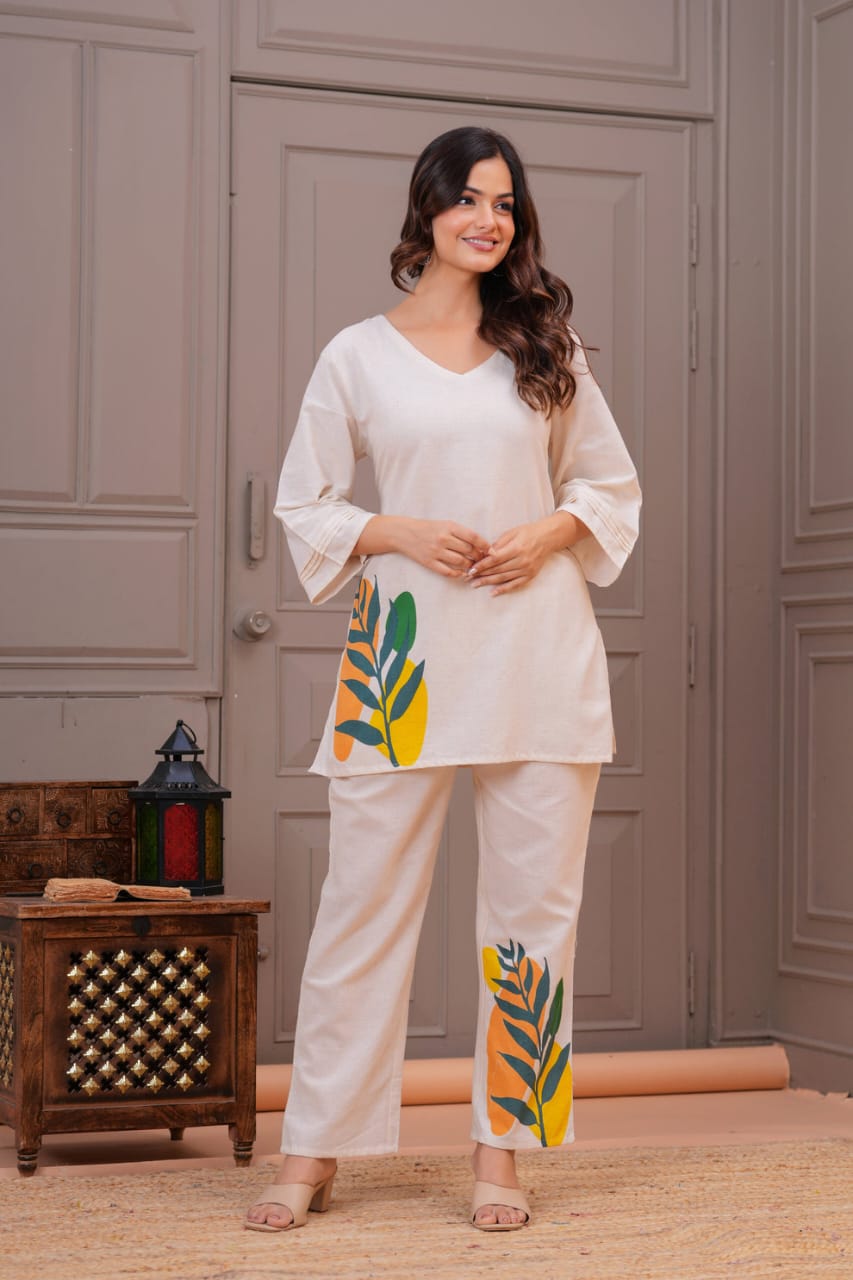 Ivory Cotton Flex Leaf Motif Co-ord Set