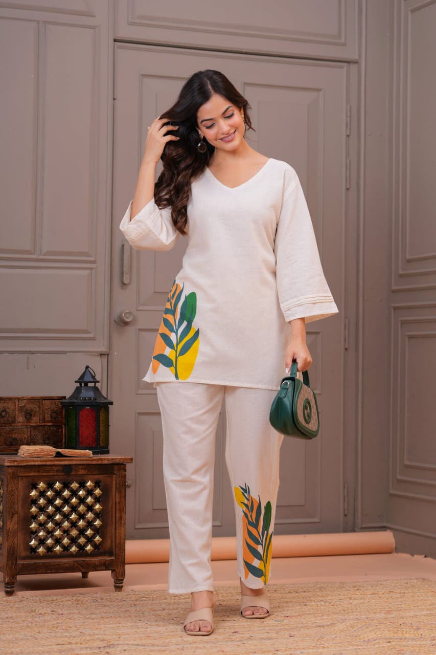 Ivory Cotton Flex Leaf Motif Co-ord Set