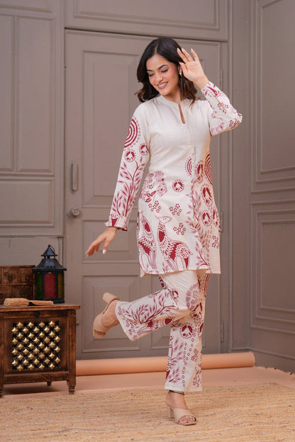 Ivory Flex Cotton Kurta Set with Maroon Motifs – Elegant Daily & Office Wear