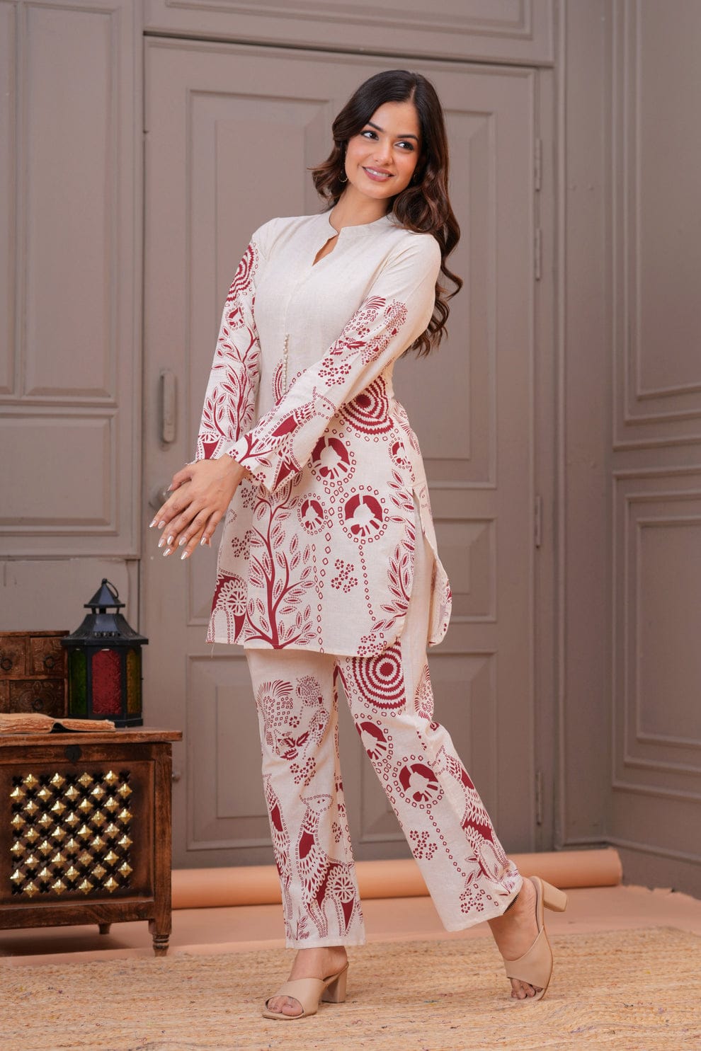Ivory Flex Cotton Kurta Set with Maroon Motifs – Elegant Daily & Office Wear