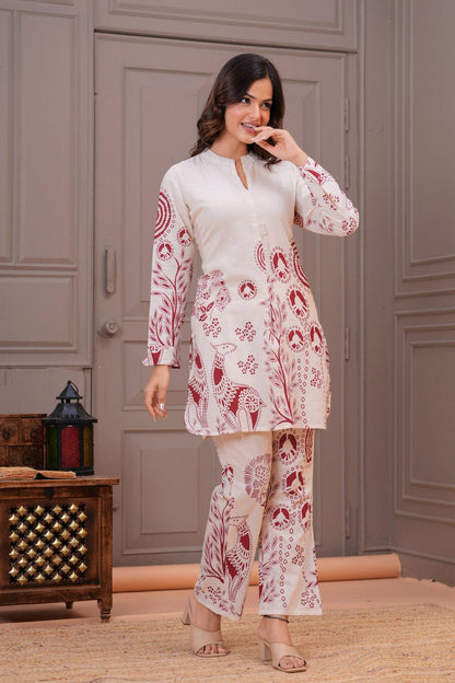Ivory Flex Cotton Kurta Set with Maroon Motifs – Elegant Daily & Office Wear