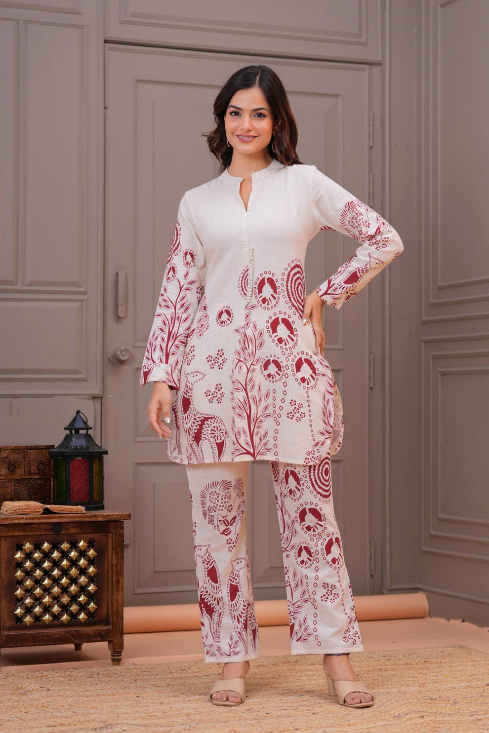 Ivory Flex Cotton Kurta Set with Maroon Motifs – Elegant Daily & Office Wear