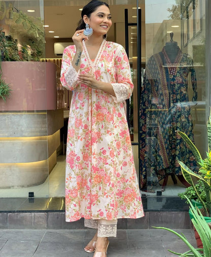 Ivory Soft Cotton Suit Set with Pink Floral Print – Casual & Day Wear