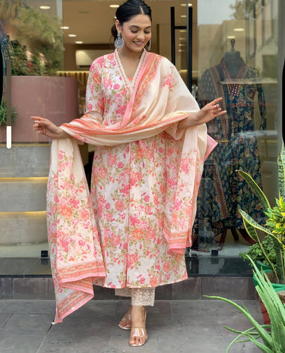 Ivory Soft Cotton Suit Set with Pink Floral Print – Casual & Day Wear