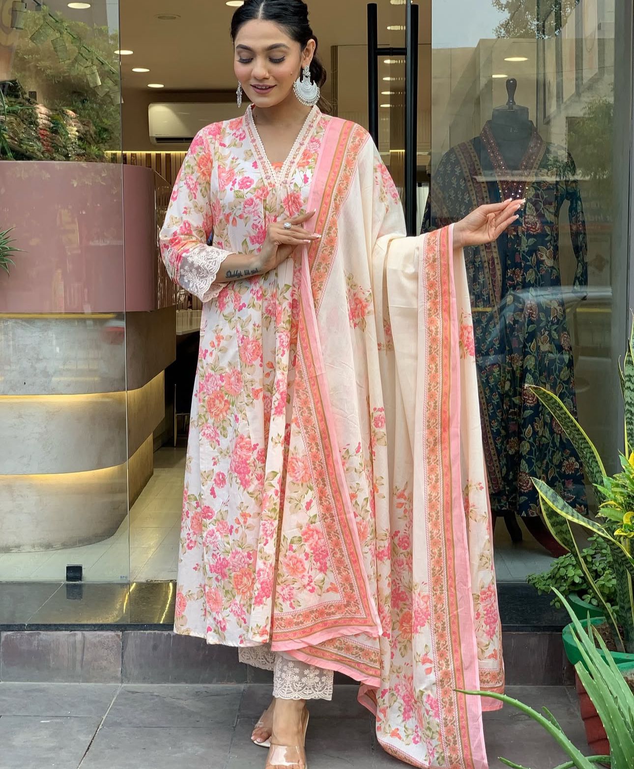 Ivory Soft Cotton Suit Set with Pink Floral Print – Casual & Day Wear