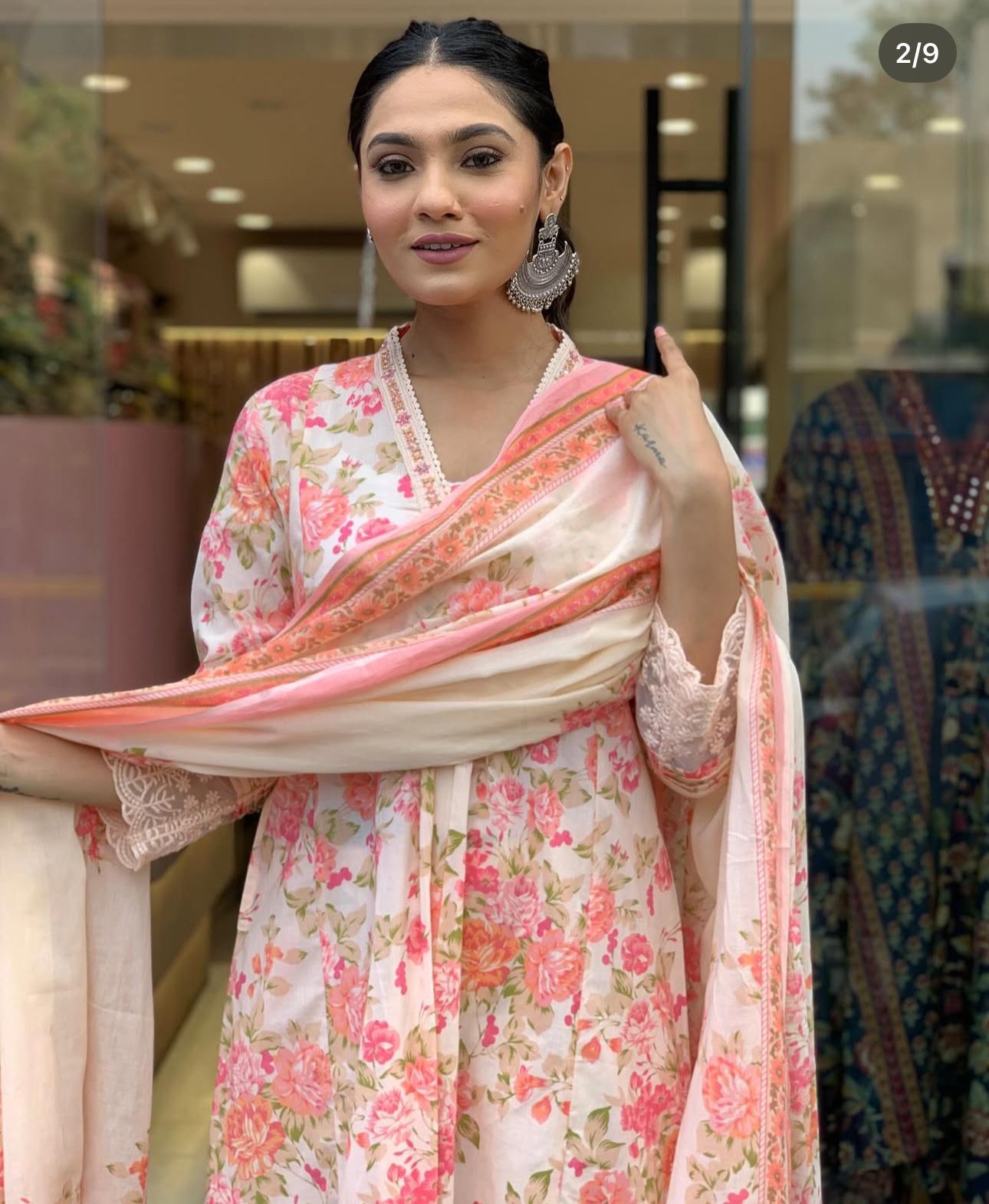 Ivory Soft Cotton Suit Set with Pink Floral Print – Casual & Day Wear