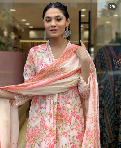 Ivory Soft Cotton Suit Set with Pink Floral Print – Casual & Day Wear