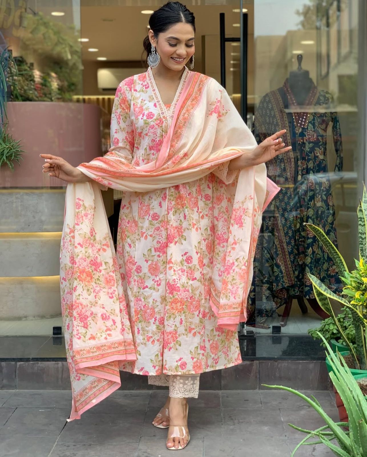 Ivory Soft Cotton Suit Set with Pink Floral Print – Casual & Day Wear