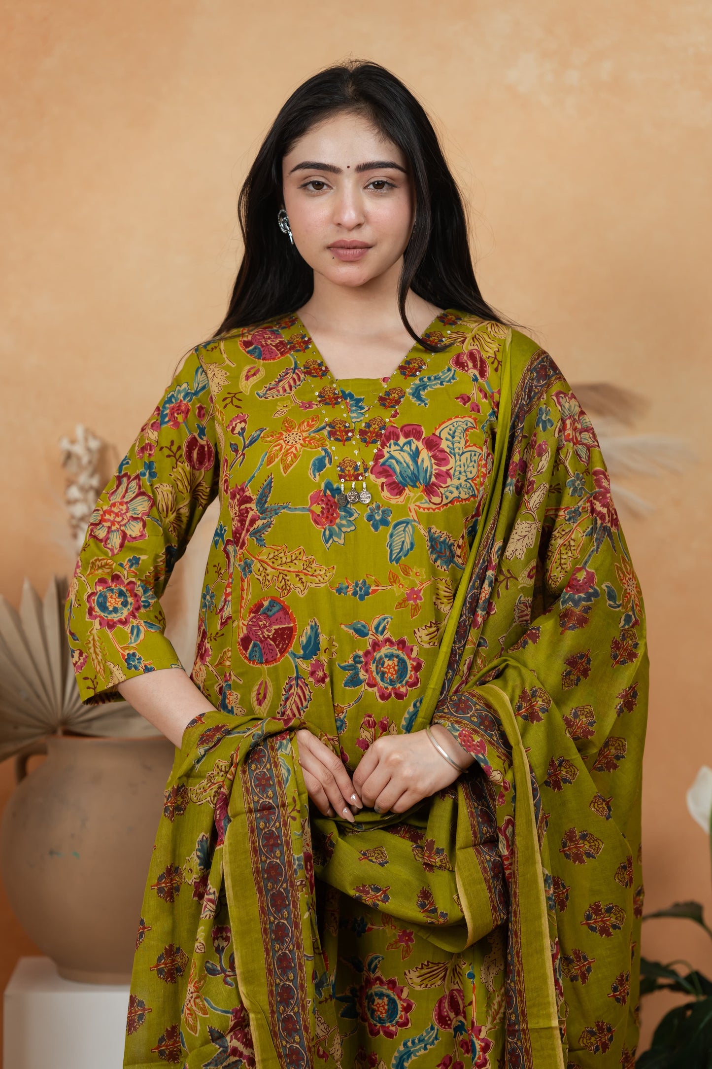 Olive Green Premium Jaipuri Cotton 3-Piece Suit Set