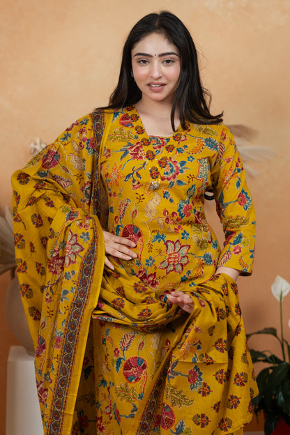 Mustard Yellow Premium Jaipuri Cotton 3-Piece Suit Set