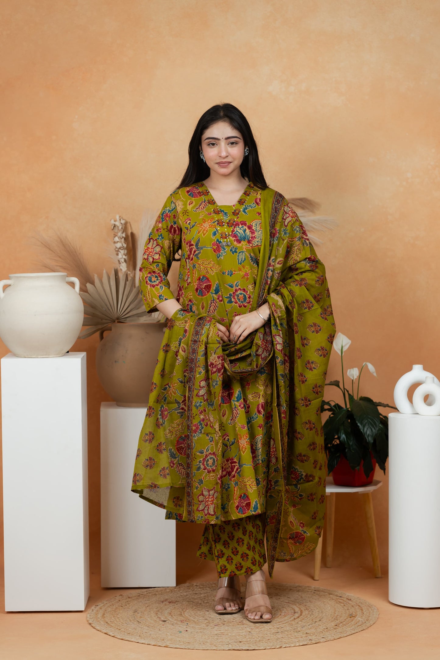 Olive Green Premium Jaipuri Cotton 3-Piece Suit Set