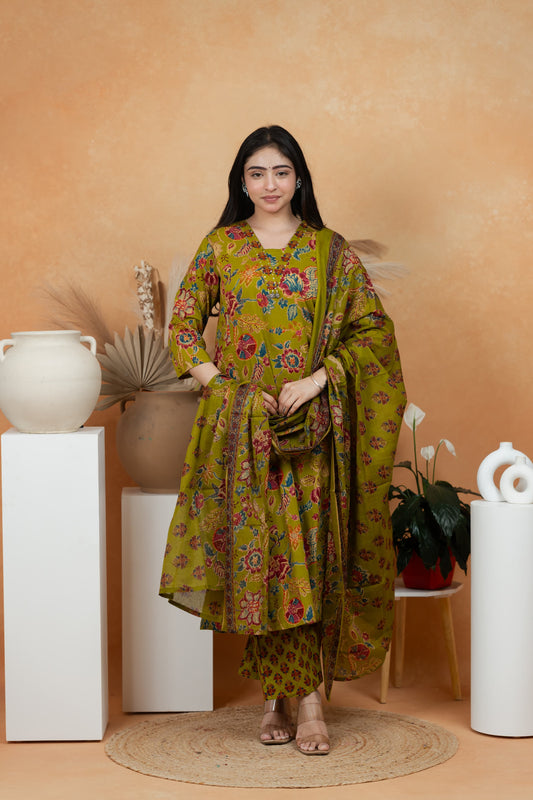 Olive Green Premium Jaipuri Cotton 3-Piece Suit Set