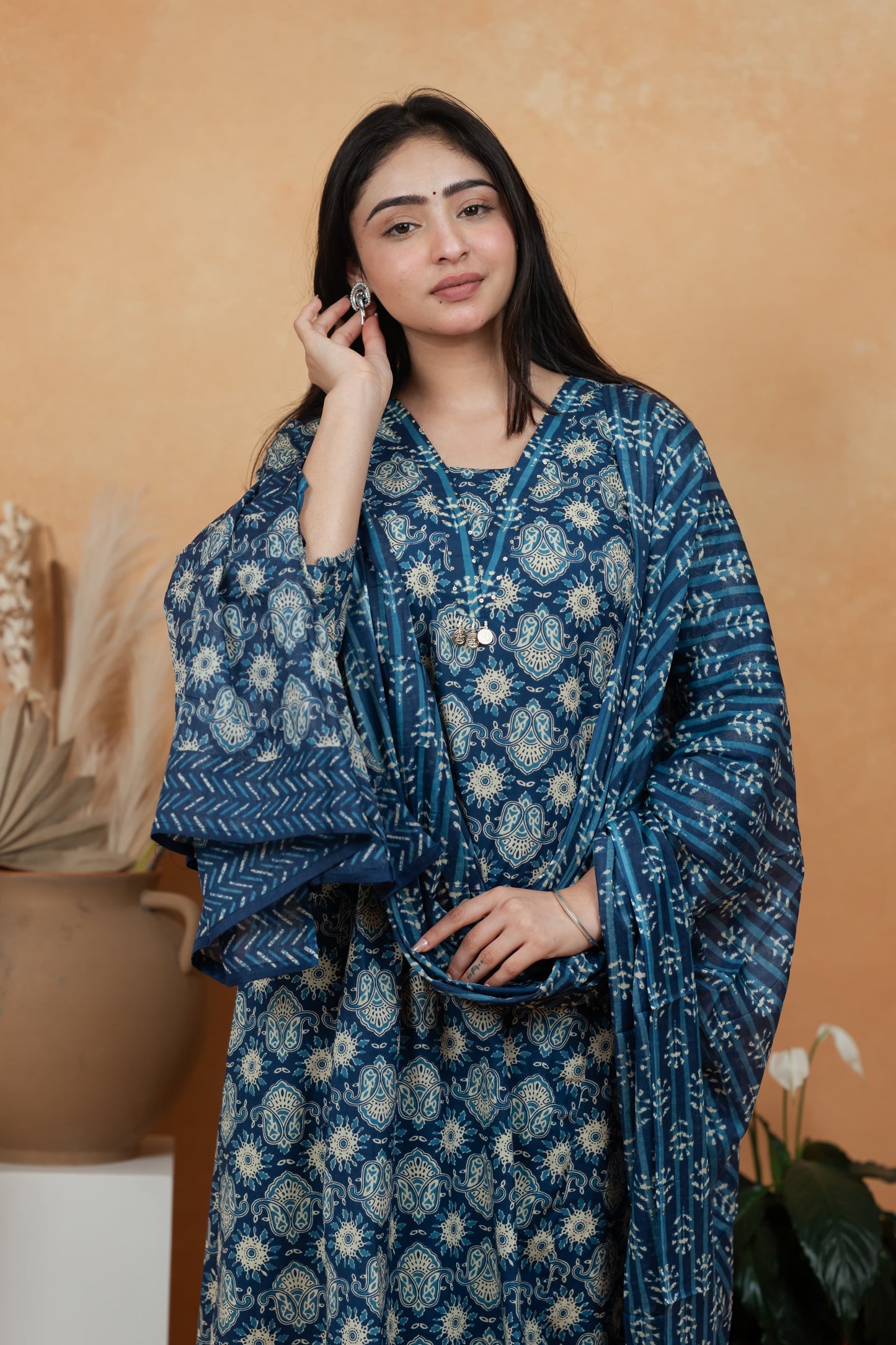 Navy Blue Premium Jaipuri Cotton 3-Piece Suit Set