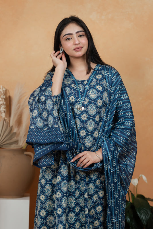 Navy Blue Premium Jaipuri Cotton 3-Piece Suit Set