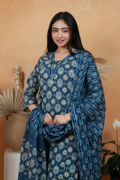 Navy Blue Premium Jaipuri Cotton 3-Piece Suit Set