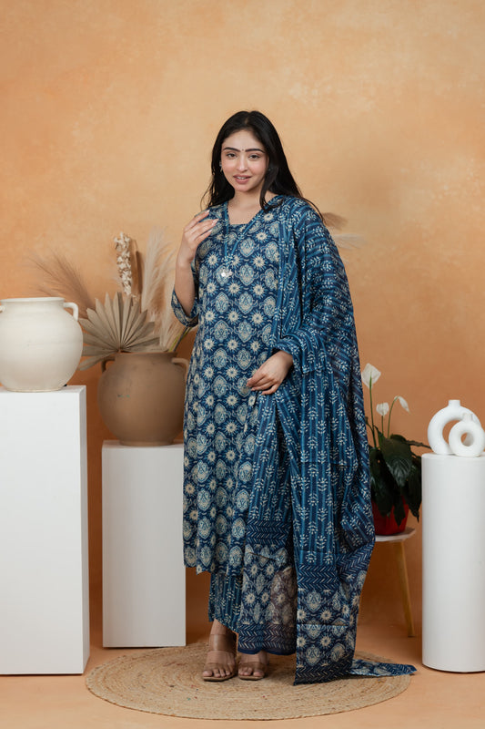 Navy Blue Premium Jaipuri Cotton 3-Piece Suit Set