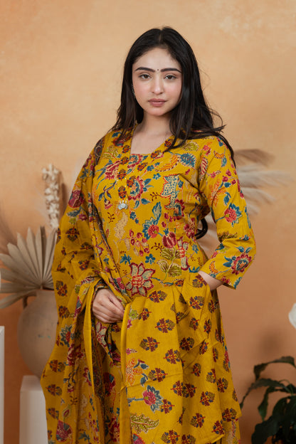 Mustard Yellow Premium Jaipuri Cotton 3-Piece Suit Set