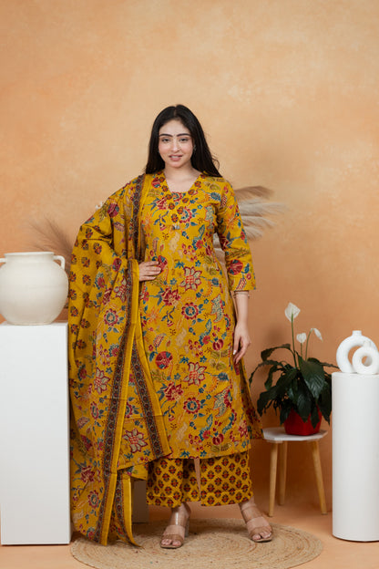 Mustard Yellow Premium Jaipuri Cotton 3-Piece Suit Set