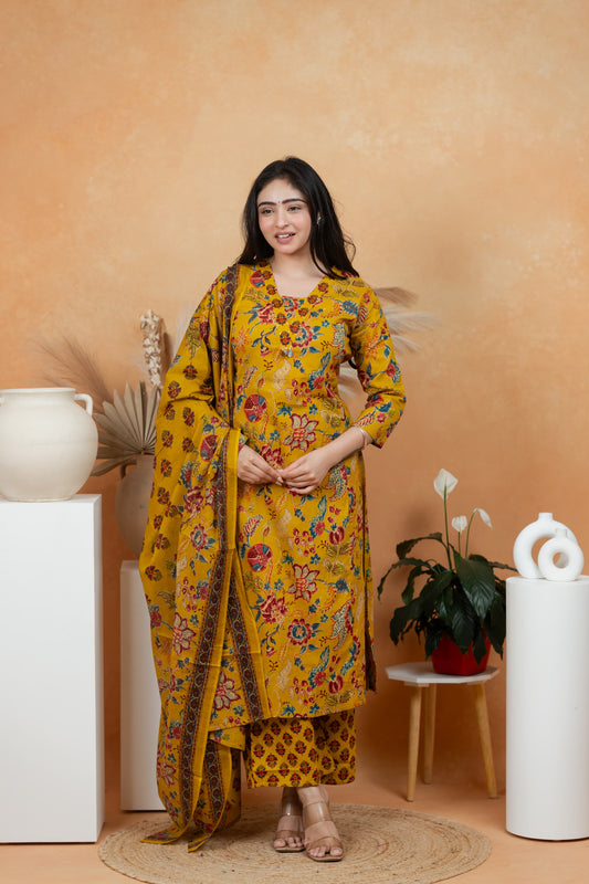 Mustard Yellow Premium Jaipuri Cotton 3-Piece Suit Set