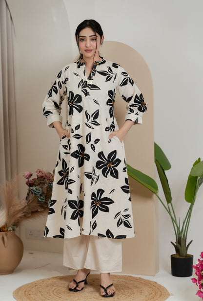 Premium Khadi Flex Co-ord Set - Beige with Navy Blue