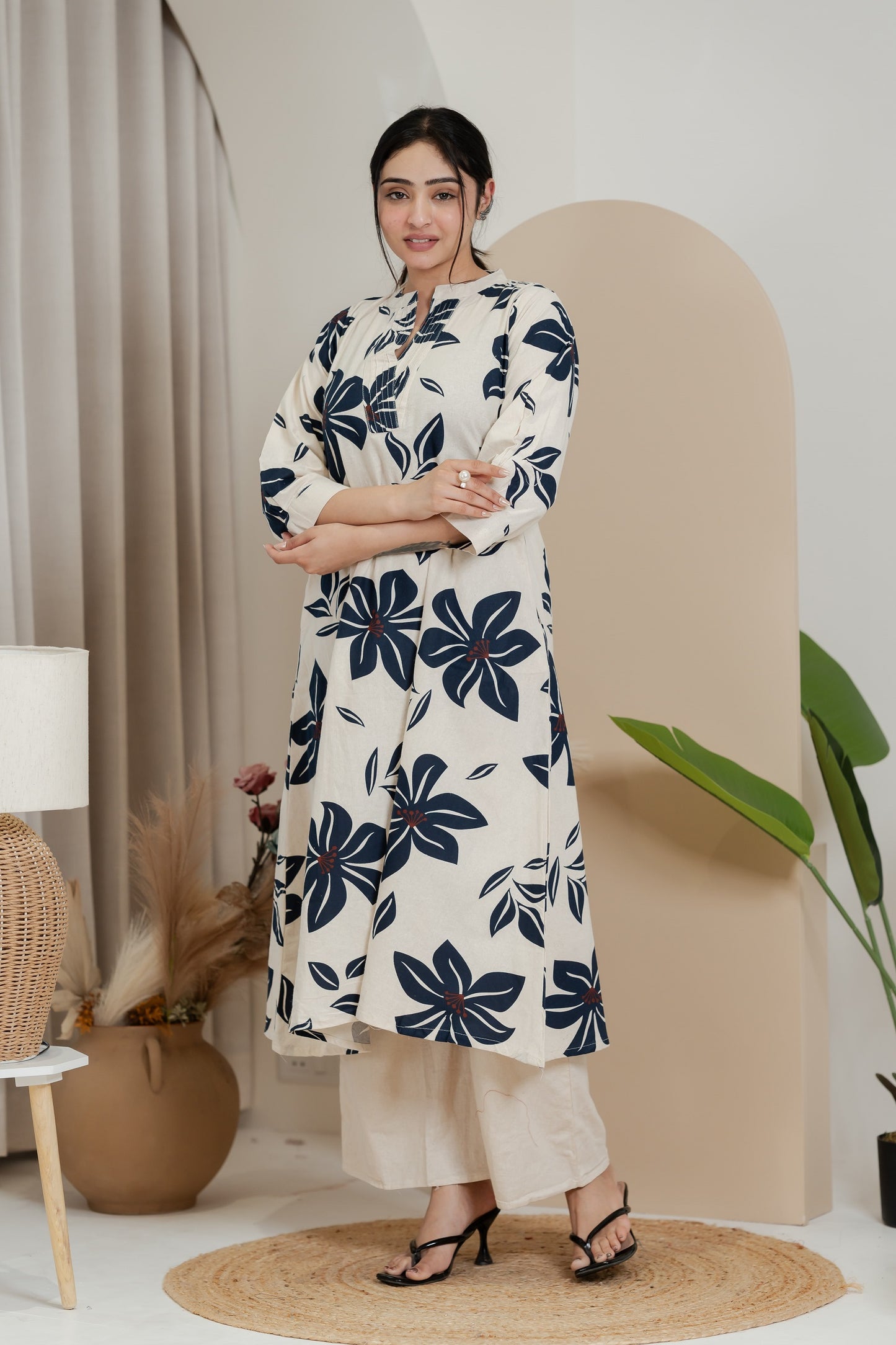 Premium Khadi Flex Co-ord Set - Beige with Navy Blue