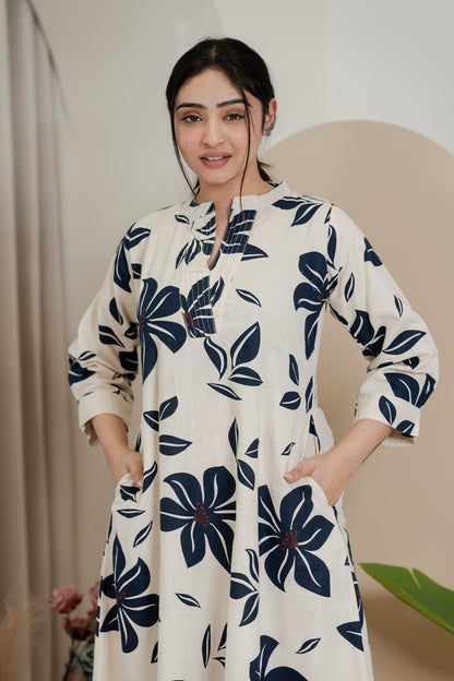Premium Khadi Flex Co-ord Set - Beige with Navy Blue