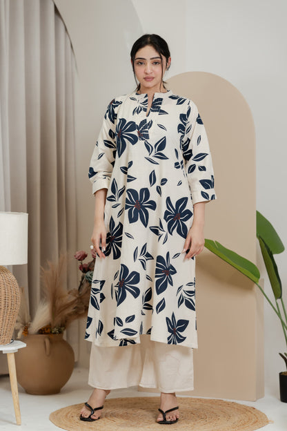 Premium Khadi Flex Co-ord Set - Beige with Navy Blue