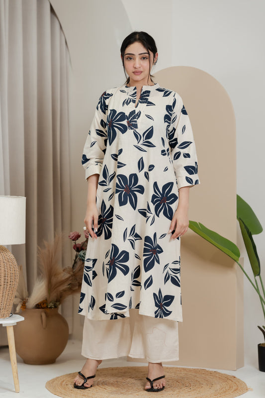 Premium Khadi Flex Co-ord Set - Beige with Navy Blue