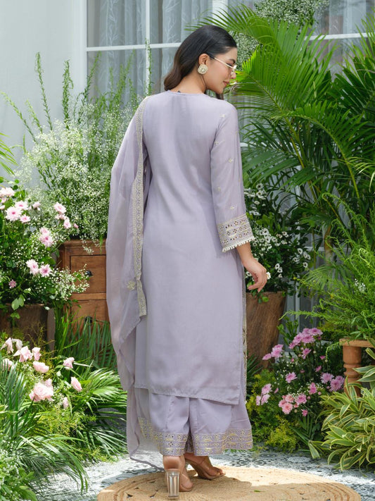 Lavender Pure Chinon Suit Set with Mirror & Zari Embroidery – Party & Festive Wear