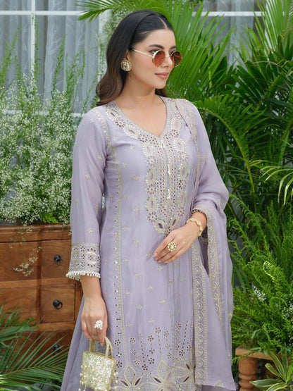 Lavender Pure Chinon Suit Set with Mirror & Zari Embroidery – Party & Festive Wear