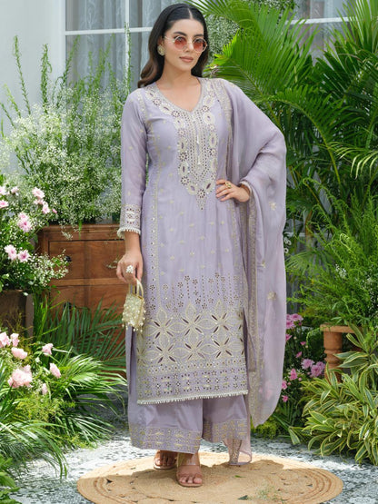 Lavender Pure Chinon Suit Set with Mirror & Zari Embroidery – Party & Festive Wear