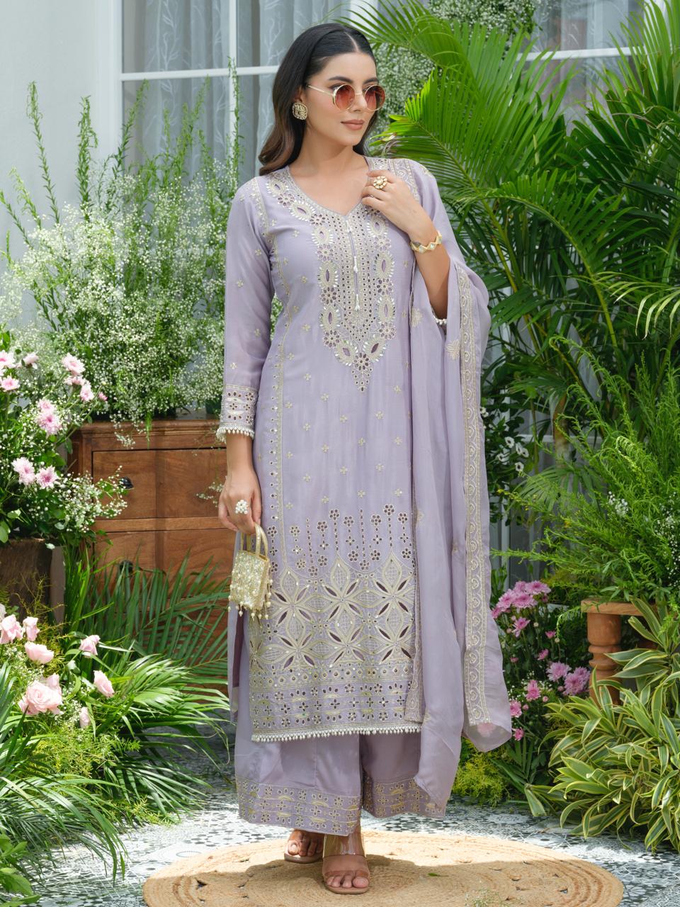 Lavender Pure Chinon Suit Set with Mirror & Zari Embroidery – Party & Festive Wear