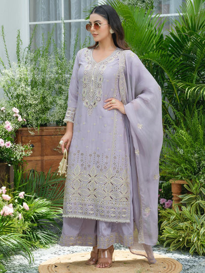 Lavender Pure Chinon Suit Set with Mirror & Zari Embroidery – Party & Festive Wear