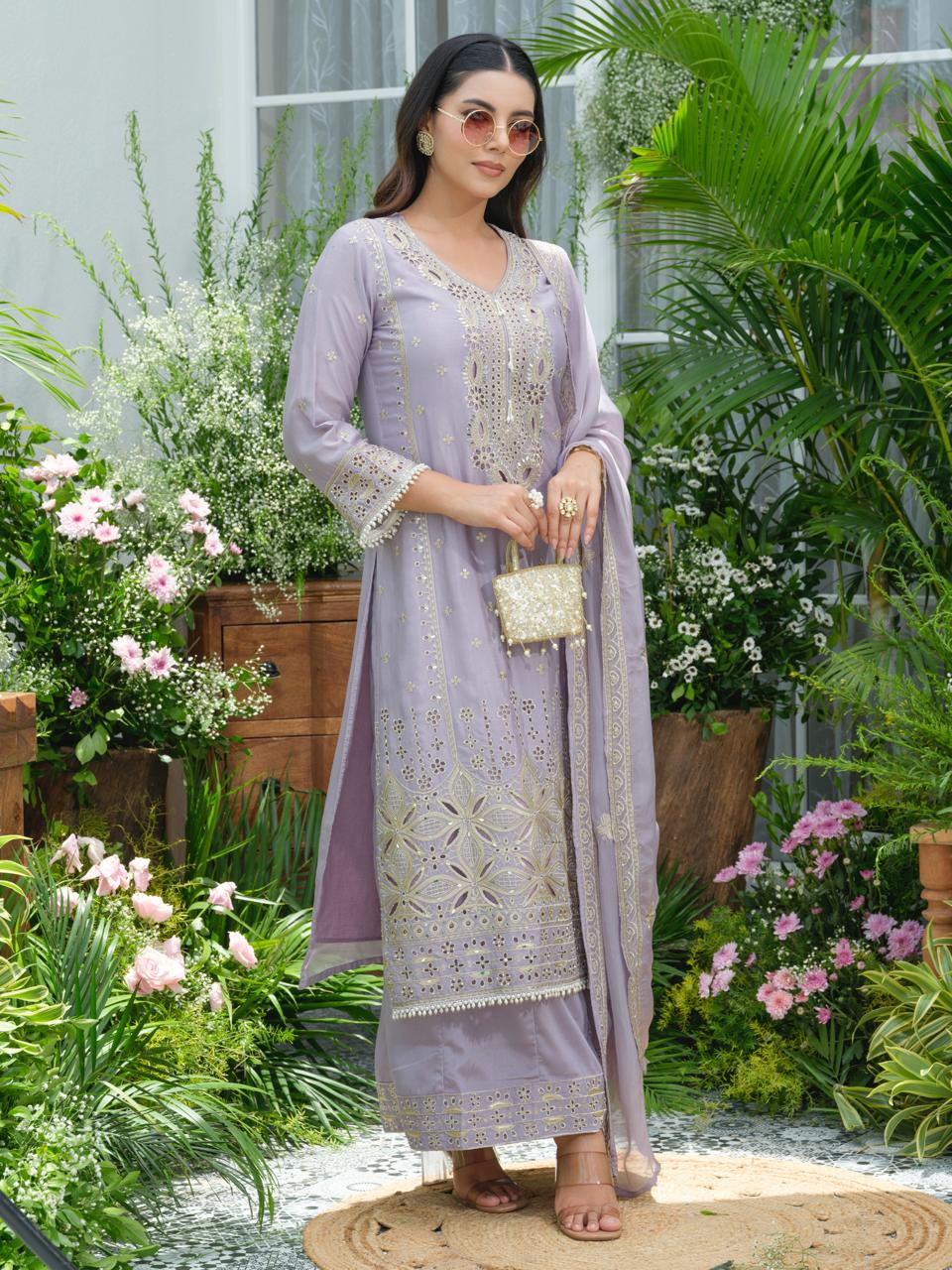Lavender Pure Chinon Suit Set with Mirror & Zari Embroidery – Party & Festive Wear