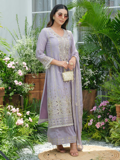 Lavender Pure Chinon Suit Set with Mirror & Zari Embroidery – Party & Festive Wear