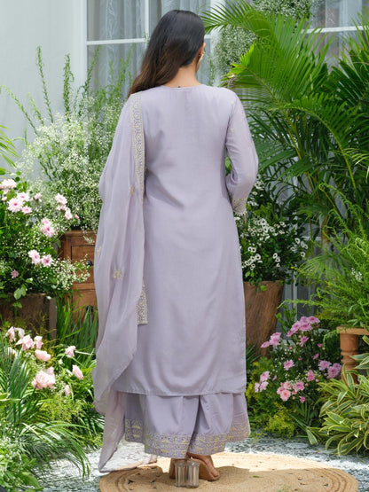 Lavender Pure Chinon Suit Set with Mirror & Zari Embroidery – Party & Festive Wear