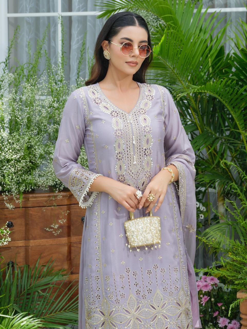 Lavender Pure Chinon Suit Set with Mirror & Zari Embroidery – Party & Festive Wear