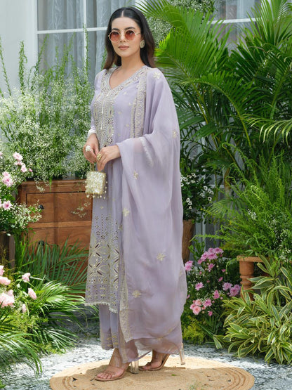 Lavender Pure Chinon Suit Set with Mirror & Zari Embroidery – Party & Festive Wear