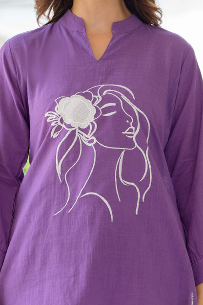 Lavender Purple Cotton Flex Co-ord Set with Artistic Embroidery