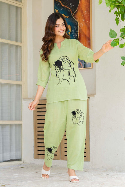 Light Green Cotton Co-ord Set with Artistic Face Embroidery