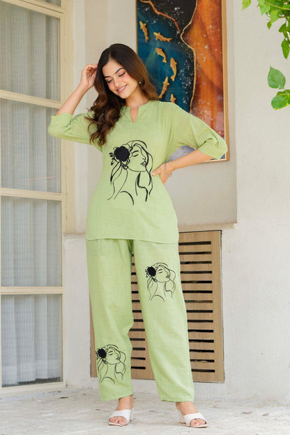 Light Green Cotton Co-ord Set with Artistic Face Embroidery