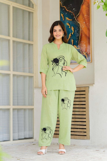 Light Green Cotton Co-ord Set with Artistic Face Embroidery
