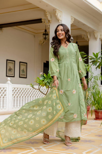 Light Olive Green Cotton Embroidered Suit Set with Floral Dupatta
