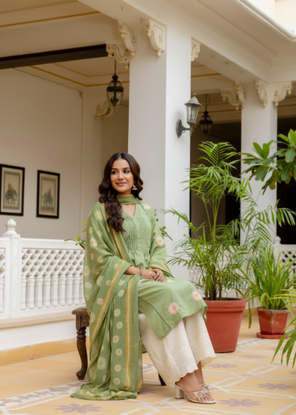 Light Olive Green Cotton Embroidered Suit Set with Floral Dupatta