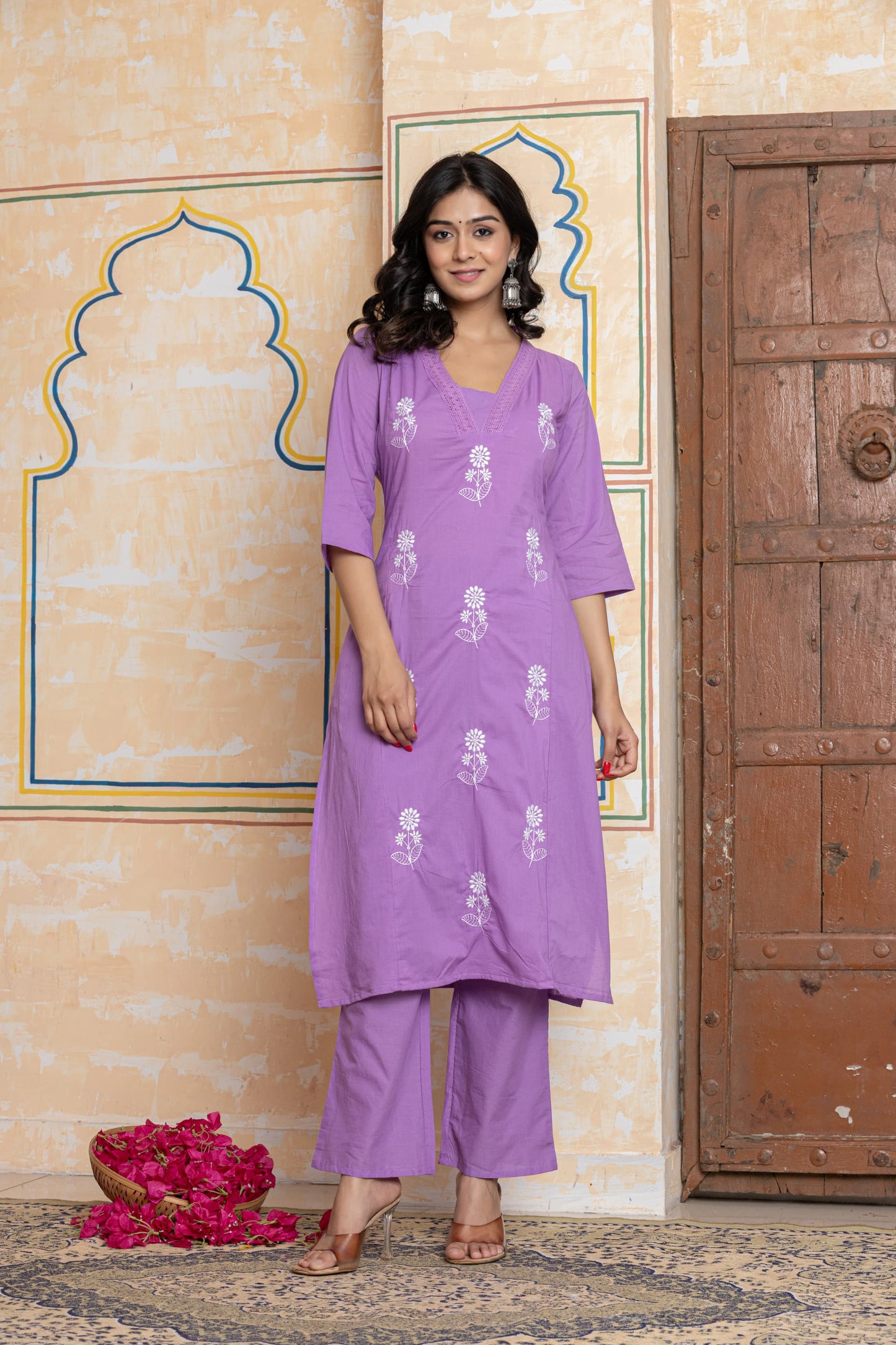 Light Purple Premium Cotton Embroidered Kurta Kurta Set for Women